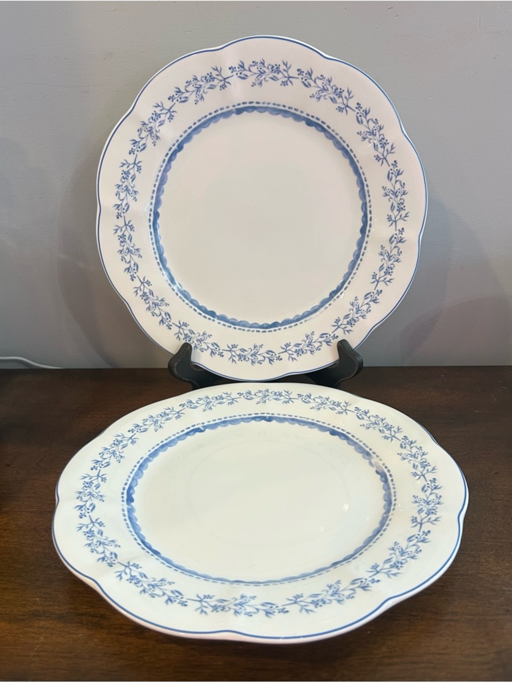 Grace Teaware Porcelain Set/2 Blue Floral Border/White 10.5” Dinner plates New